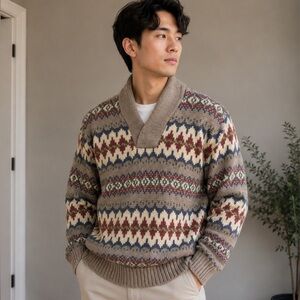 Vintage Boston Traders Shawl Collar Fair Isle Wool Pullover Knit Sweater - L